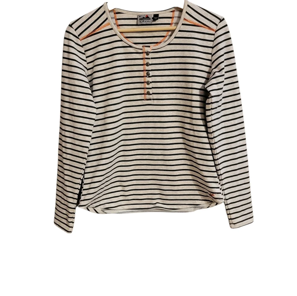 Kavu Striped Long Sleeve Henley Top